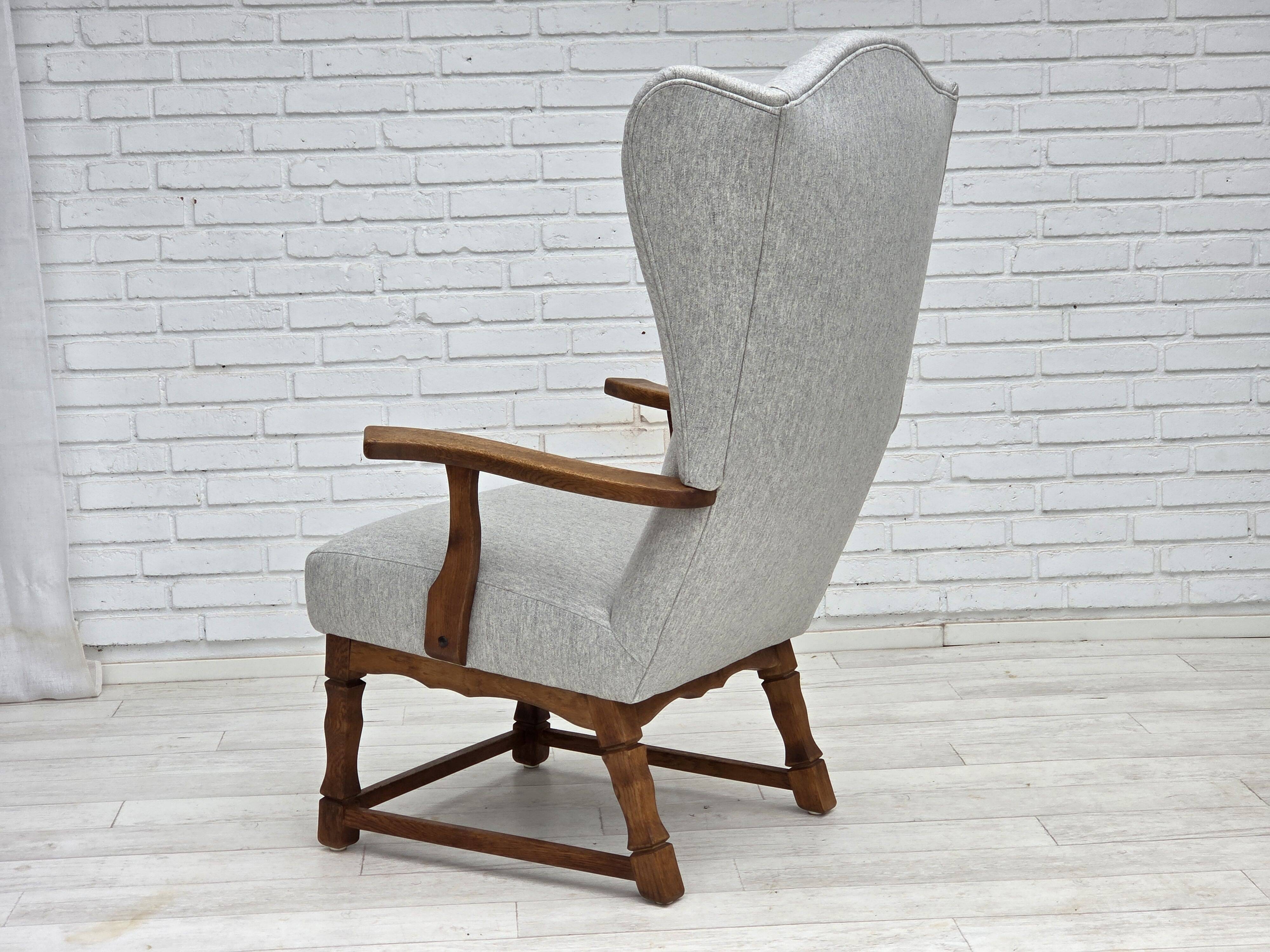 1950s, Danish high-backed armchair, reupholstered, wool, oak wood.