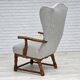 1950s, Danish high-backed armchair, reupholstered, wool, oak wood.