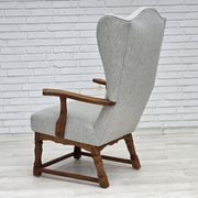 1950s, Danish high-backed armchair, reupholstered, wool, oak wood.
