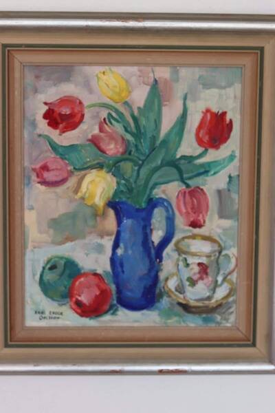 Original mid-century Swedish oil on panel – “Tea” by Karl Enoch Ohlsson – vintage & framed – 56 × 64 cm