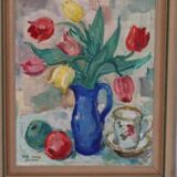 Original mid-century Swedish oil on panel – “Tea” by Karl Enoch Ohlsson – vintage & framed – 56 × 64 cm
