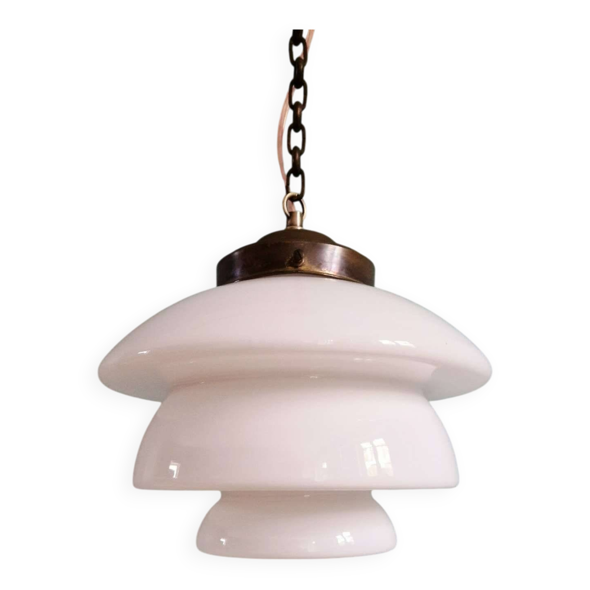 Art Deco pendant light in white opaline and copper frame, 1920s-30s