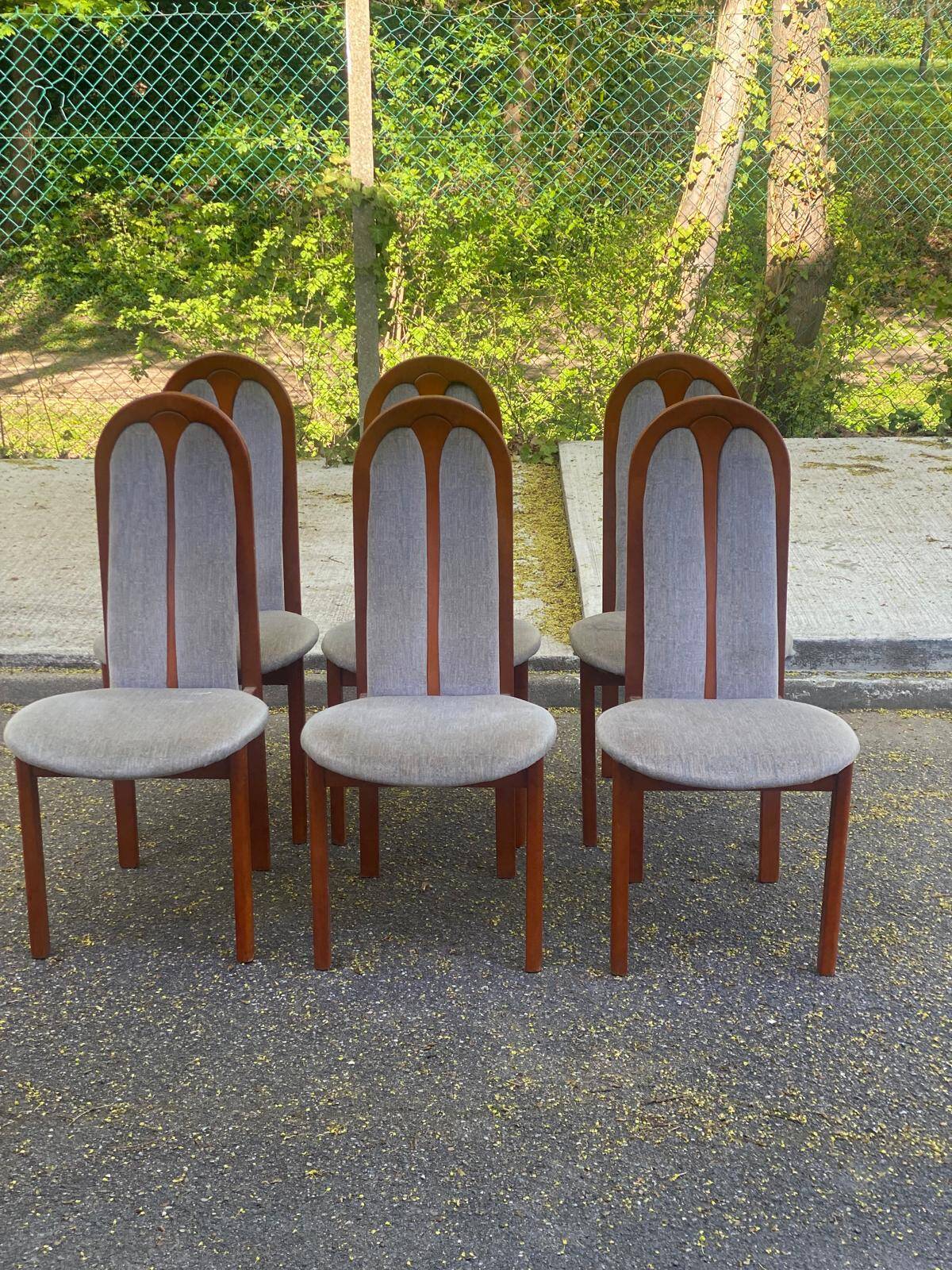 6 vintage cherry wood dining chairs with tweed fabric in MCM style 1970.