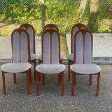6 vintage cherry wood dining chairs with tweed fabric in MCM style 1970.
