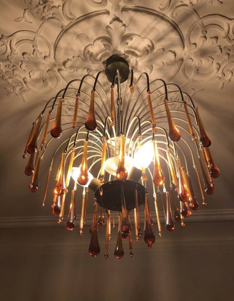 Vintage 1970s brass and Murano glass chandelier