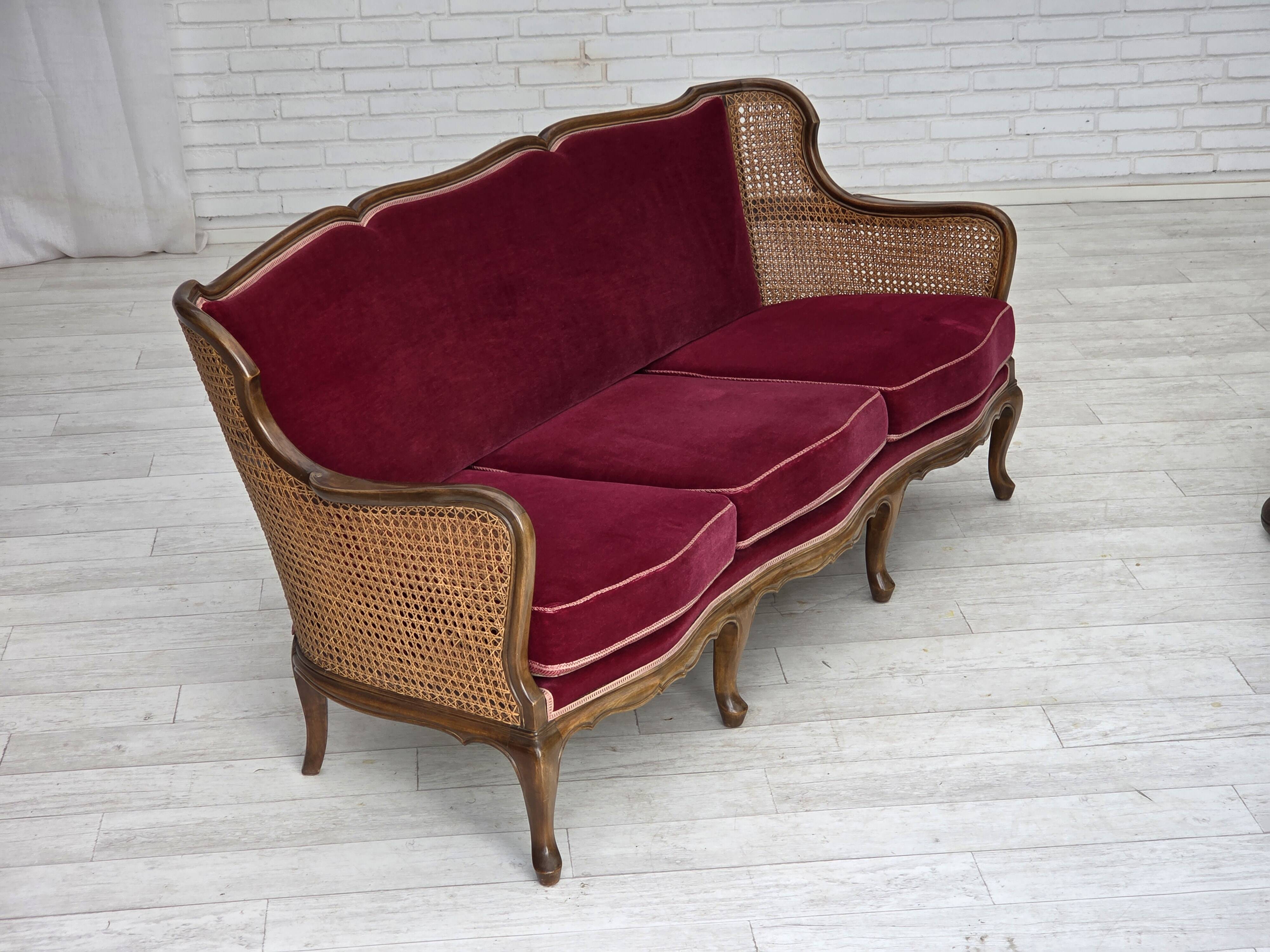 1950s, Danish 3-seater sofa, furniture velour, ash wood, mesh.
