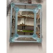 Venetian Rectangular Light-Blue Floreal Hand-Carving Mirror in Murano Glass Style