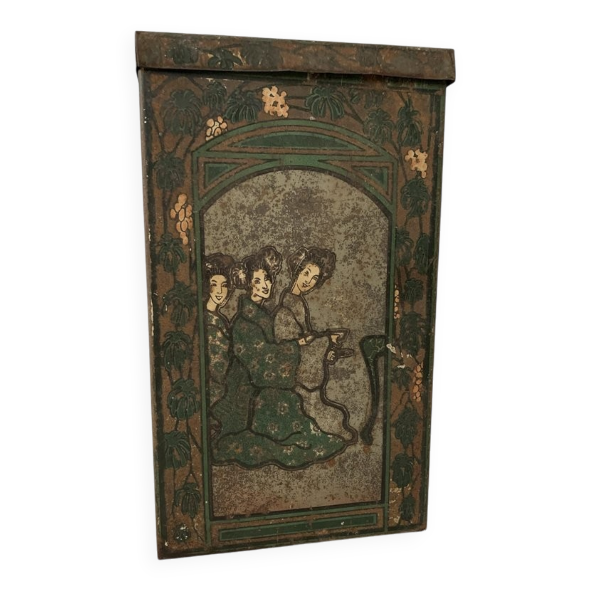 Boîte à thé chinoise peinte multicolore en métal, décor figuratif années 1920-1930