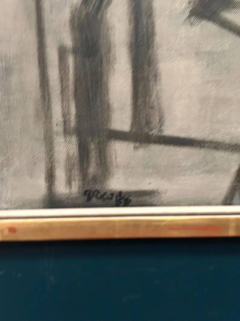 Original Danish Oil on Canvas – “Gul Figurkomposition” by P. Primdahl – Signed – Dated 1958 – Vintage & Framed – 43 × 27 cm (16.9" × 10.6")