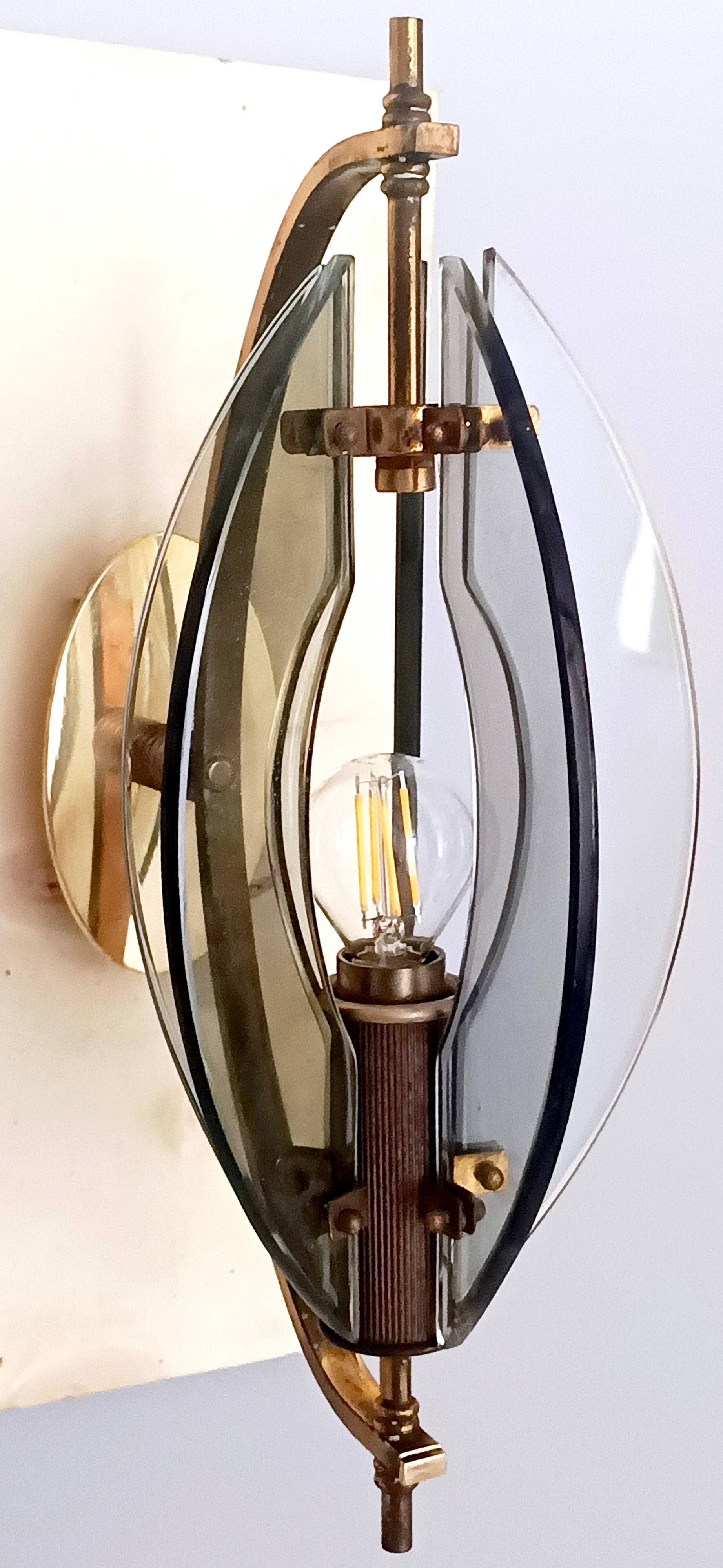 Smoked Glass and Brass Applique / Wall Light by Gino Paroldo