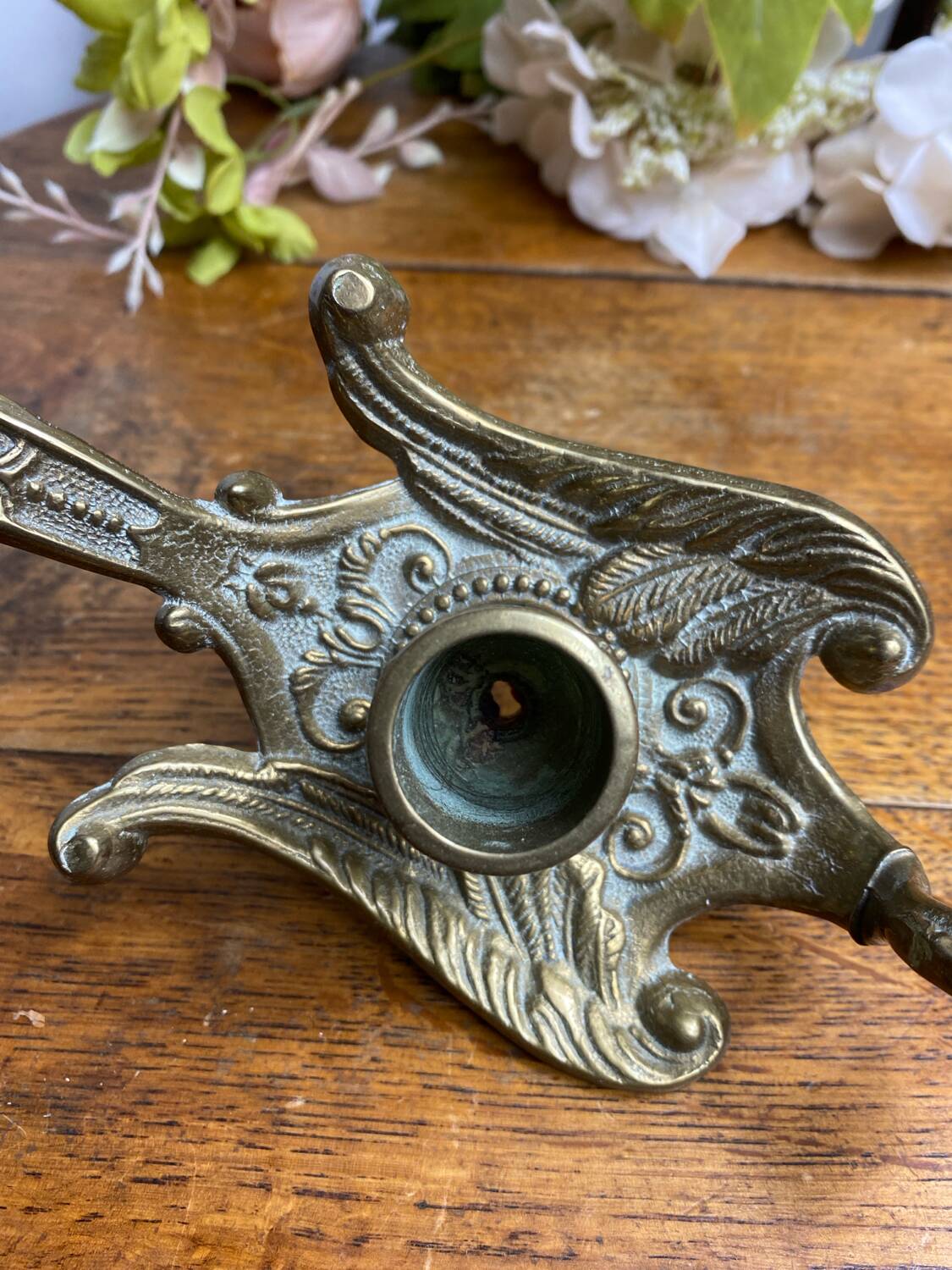 Hand candlestick, peacock shape, in bronze