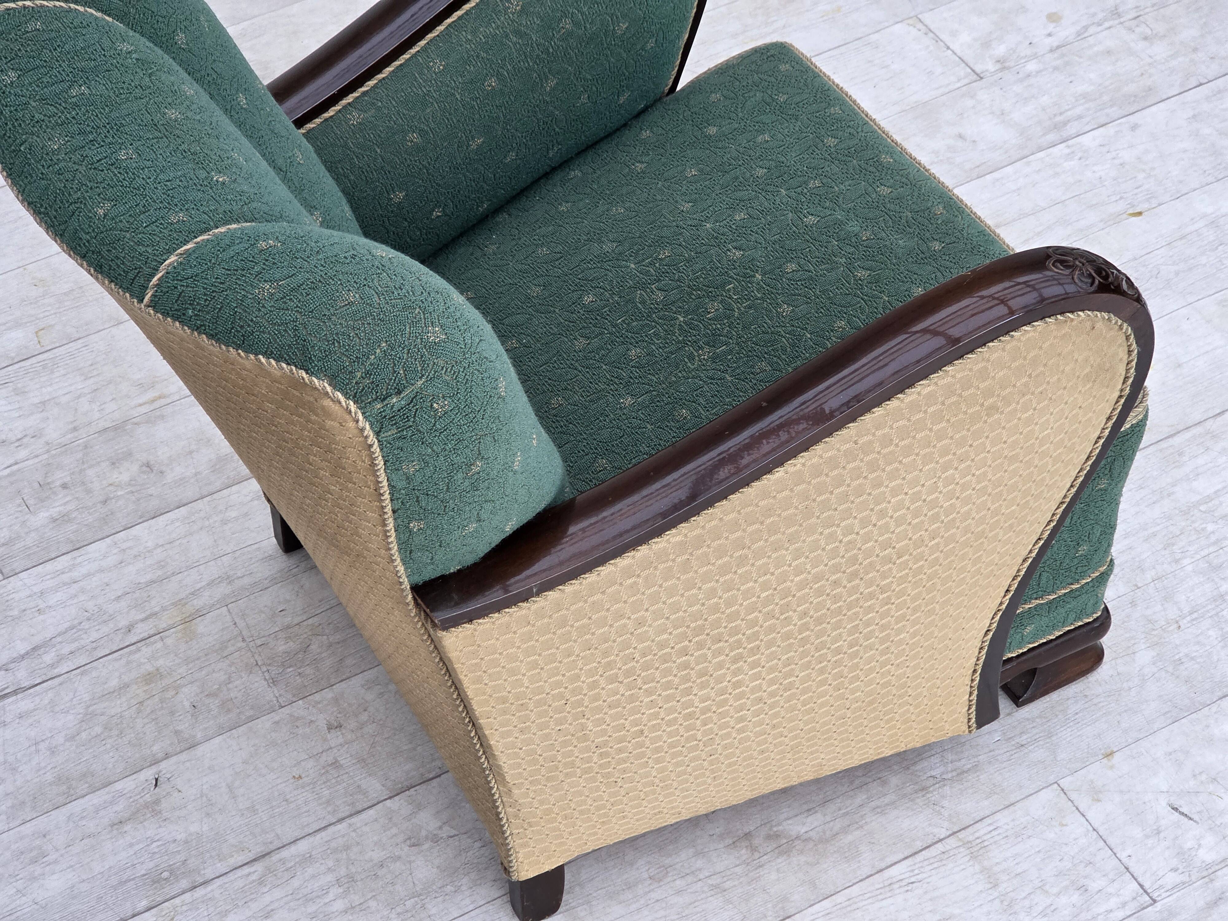 1960s, Danish armchair, green and beige furniture wool.