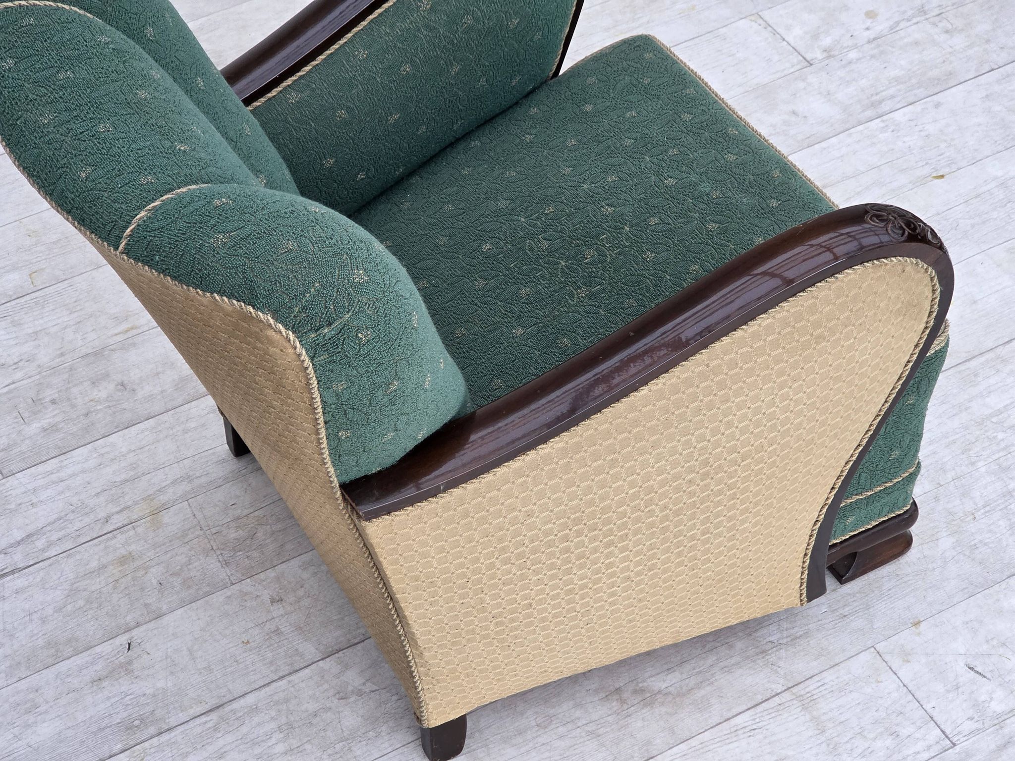 1960s, Danish armchair, green and beige furniture wool.