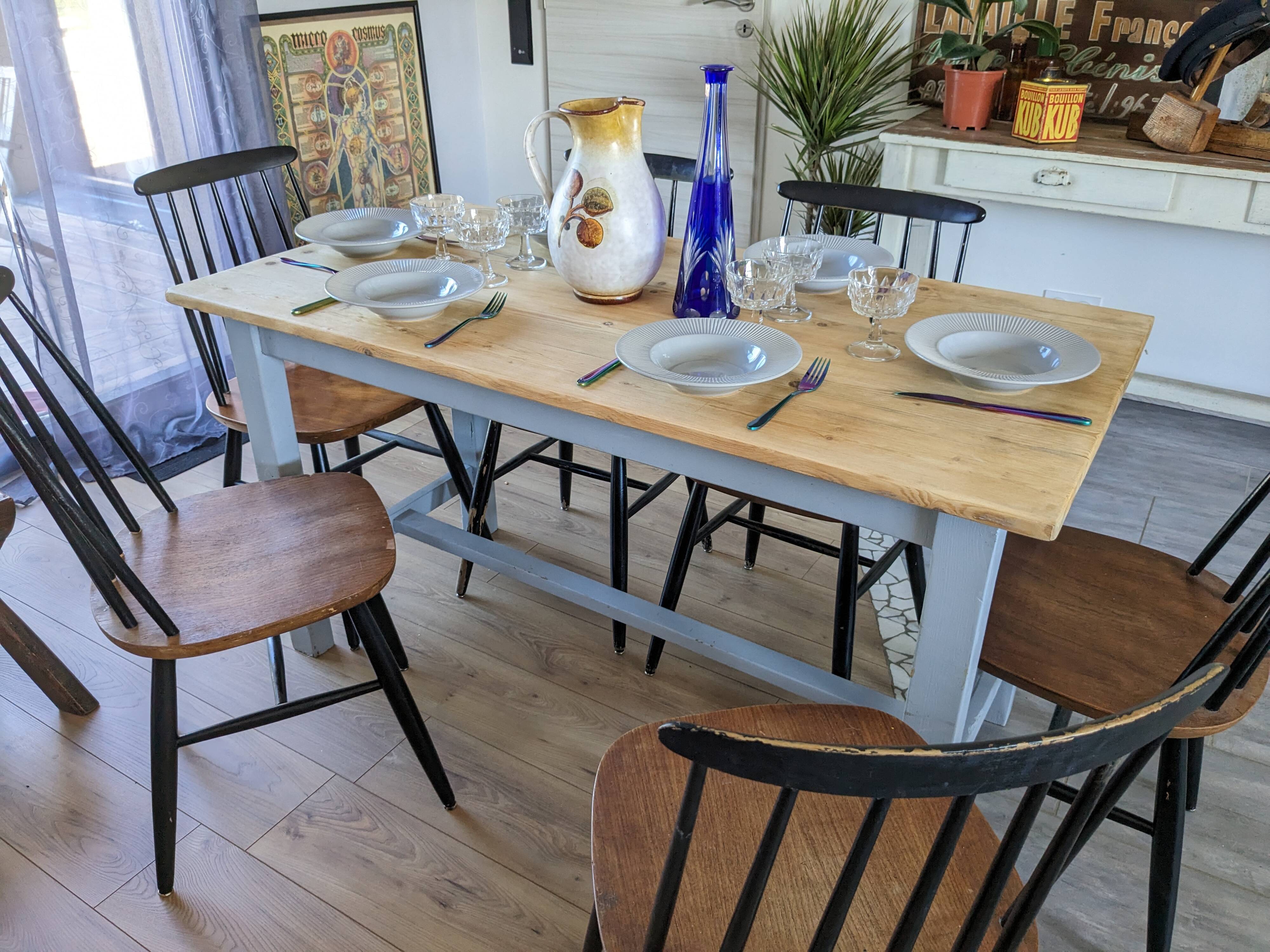 Sky blue and light wood farm table early 20th century 138 cm
