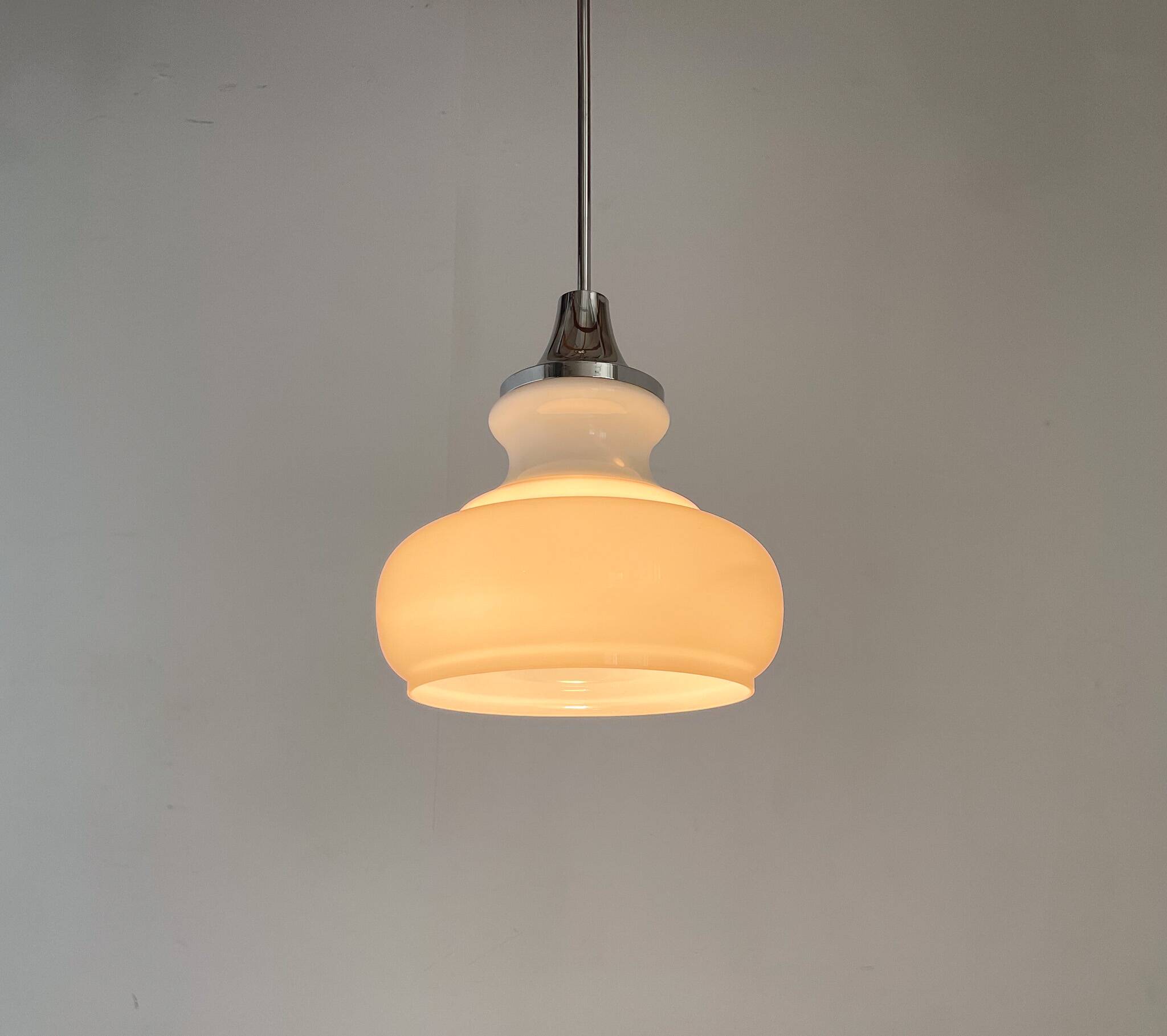 1970s Chrome & Milk Glass Pendant Light, Czechoslovakia