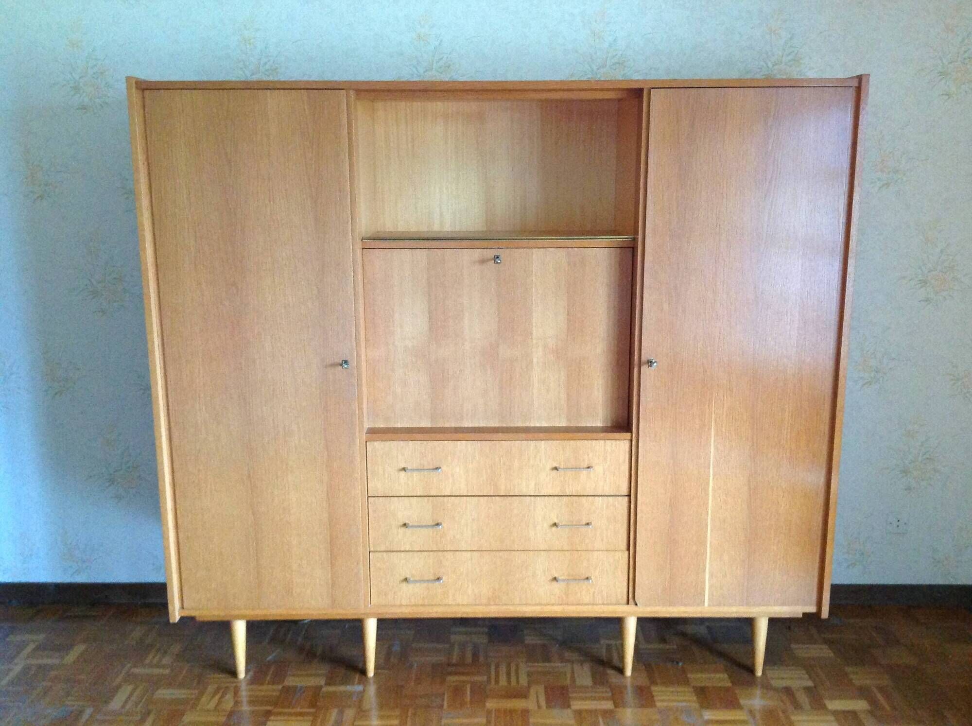 Oak veneer secretary cabinet, Scandinavian style / vintage 60s-70s