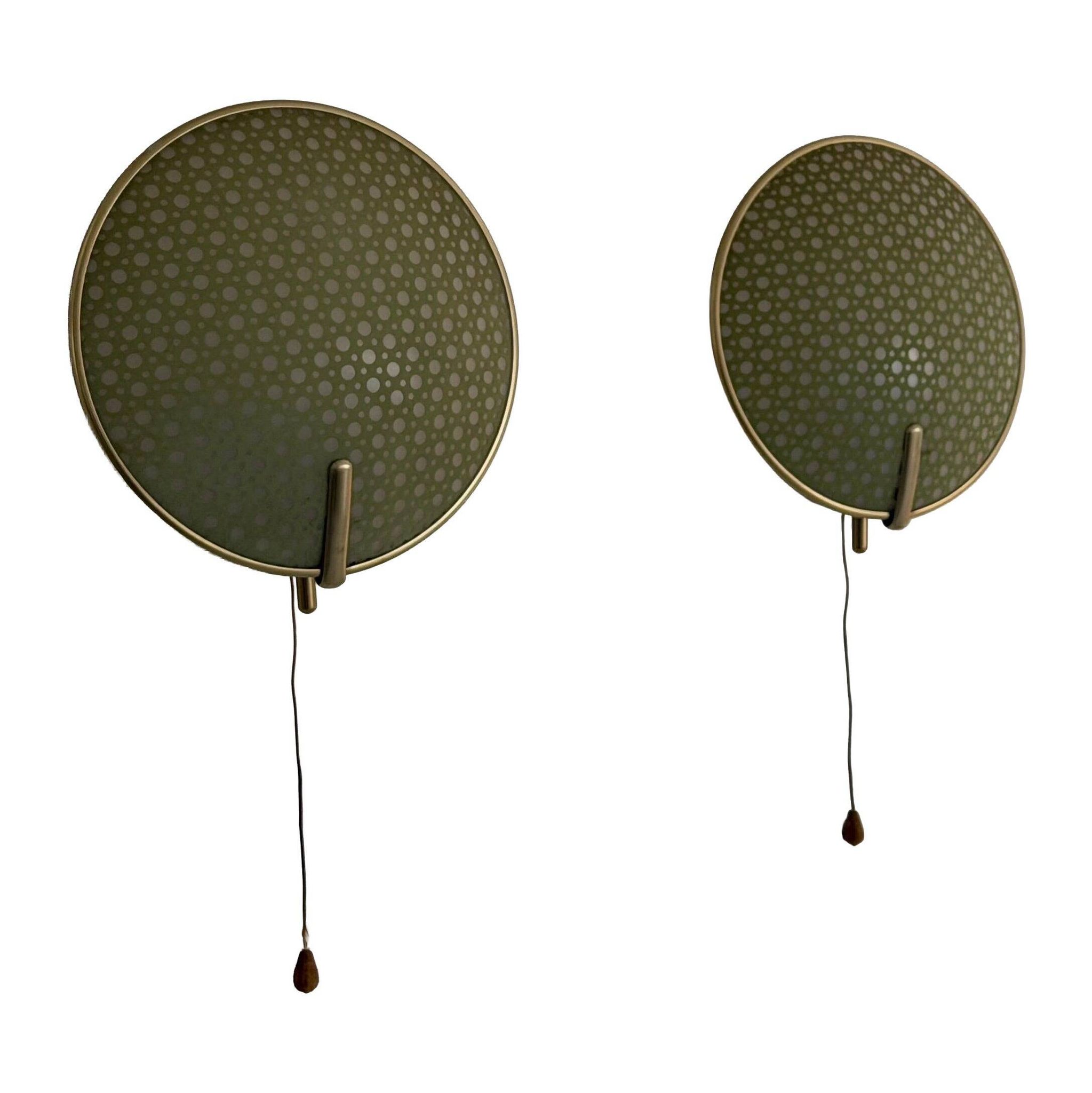 Pair of green plexiglass and gold metal wall lights by Erco, 1950s, Germany.