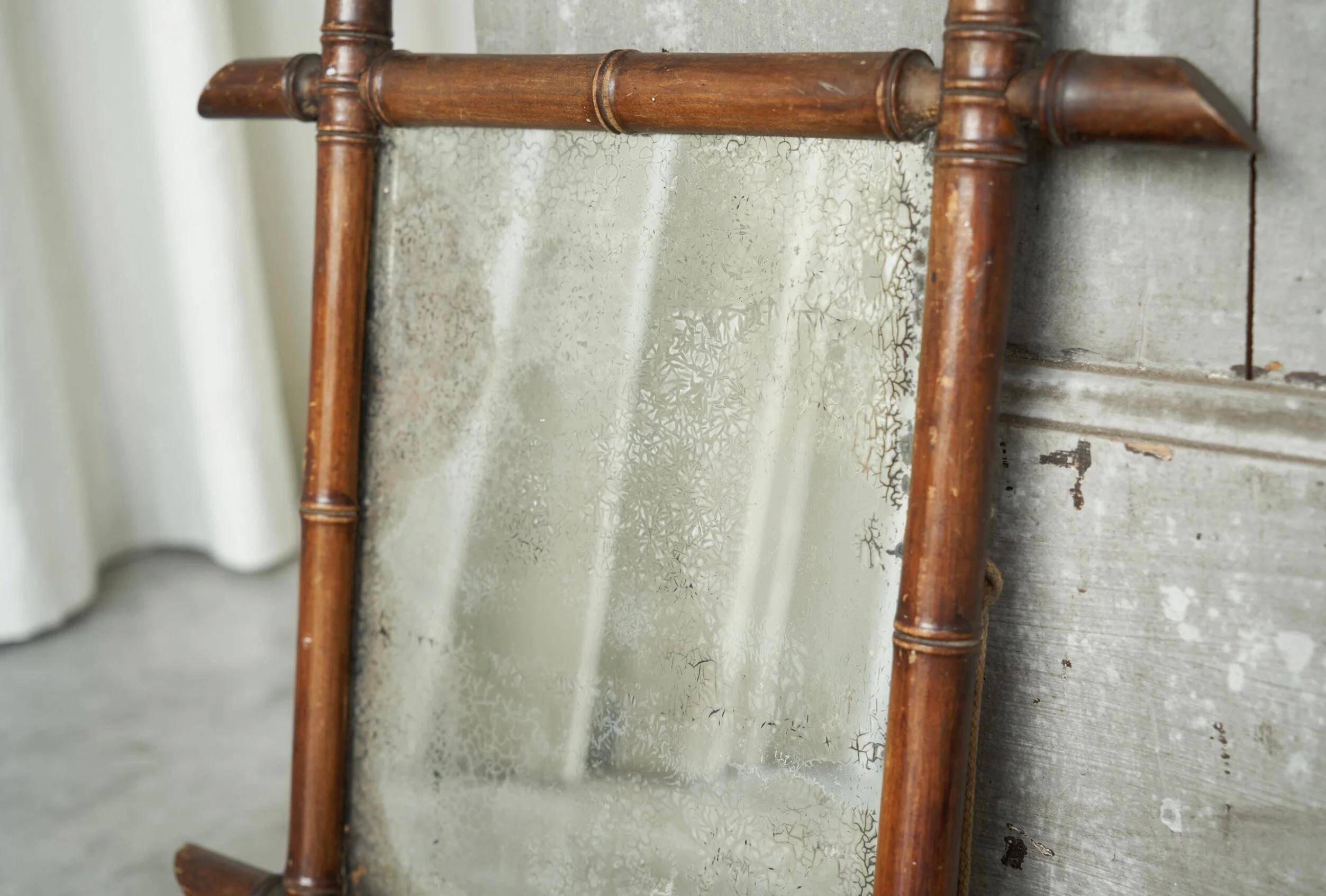 Faux Bamboo Mirror in Wood and Aged Mirror, Early 20th Century