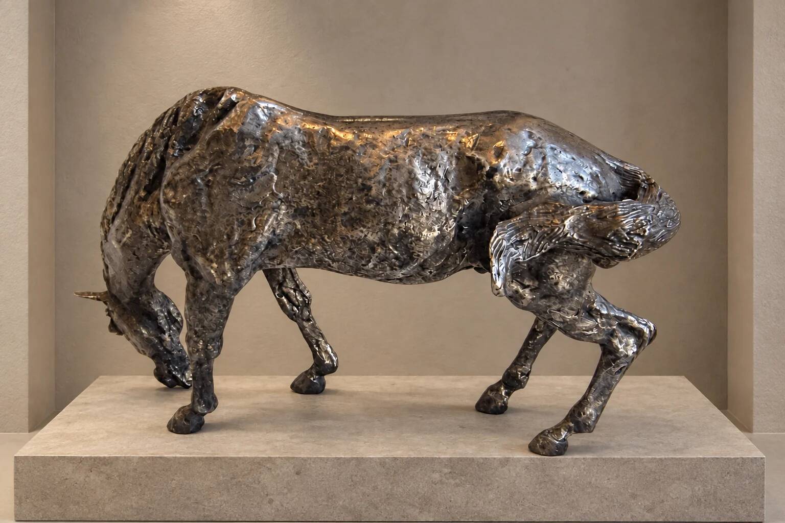 Sculpture of a grazing horse with a silver finish.