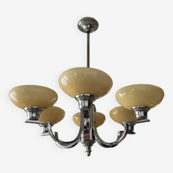 Art Deco chandelier in nickel-plated and opaline metal