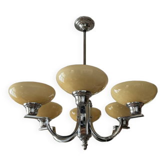 Art Deco chandelier in nickel-plated and opaline metal