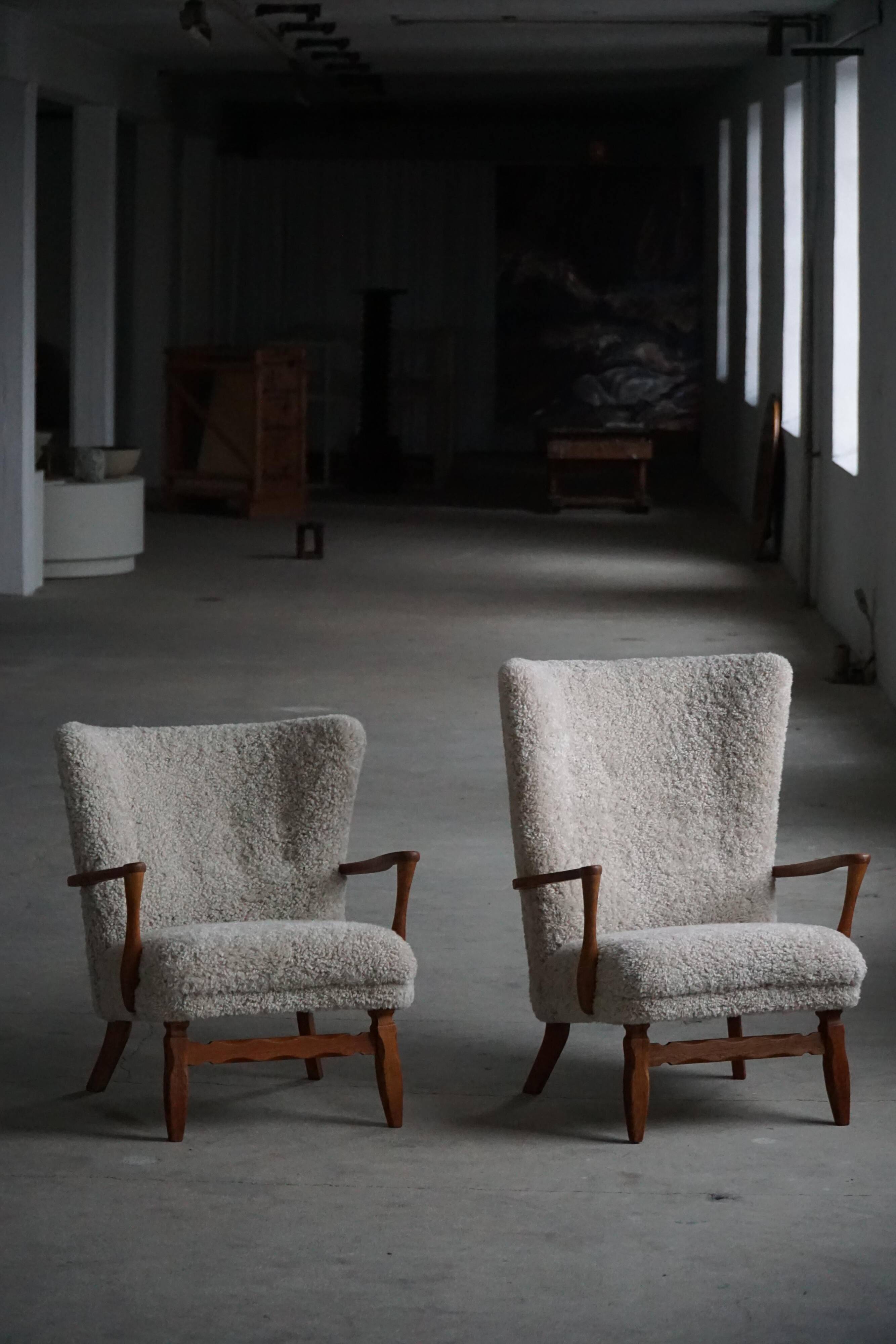Viggo Boesen, high-back chair in oak and shearling lambskin, modern Danish design, 1950s.