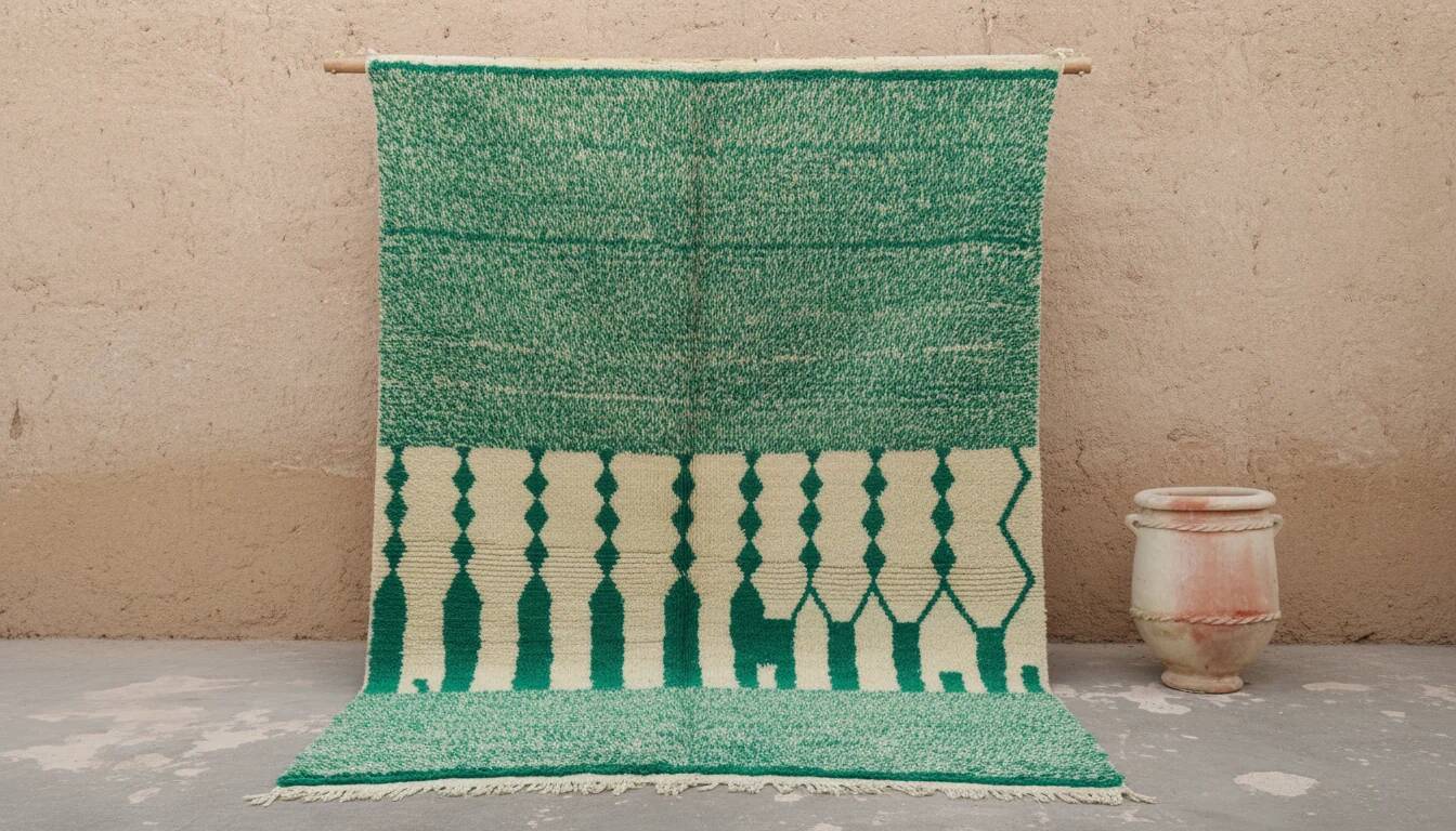 Large Azilal rug 305 x 210 cm – Moroccan wool rug in emerald green with graphic Berber patterns, GD-983