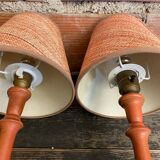 Pair of antique turned wood bedside lamps with push button switch