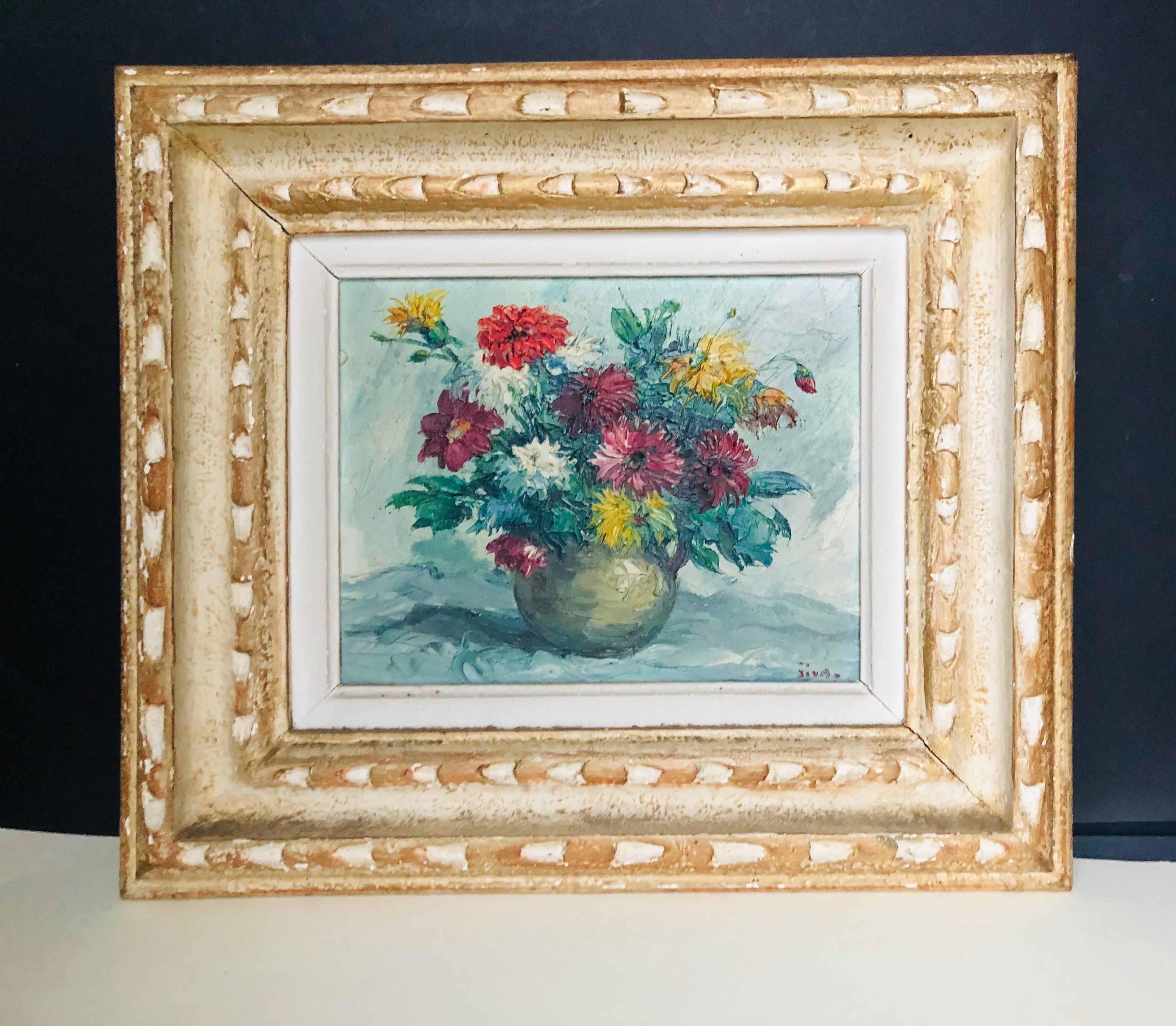 Oil on canvas, still life with dahlias