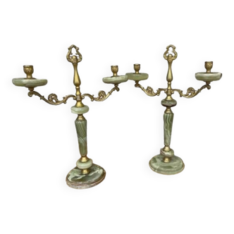 Pair of onyx and brass candlesticks