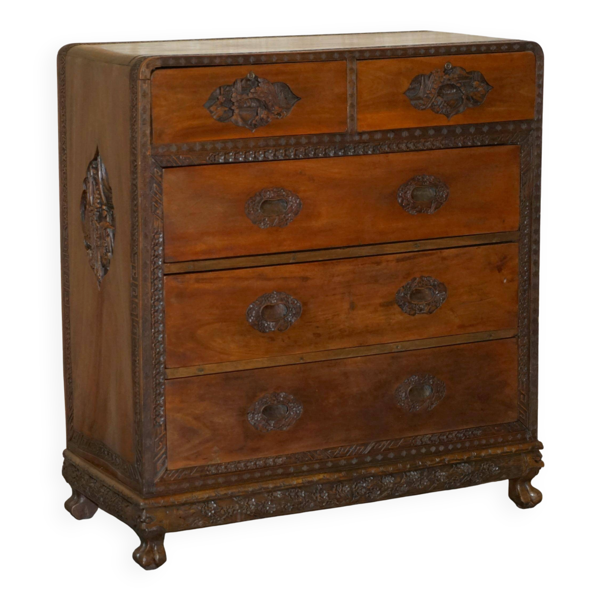 Antique Chinese commode hand-carved circa 1890 with detailed handles.