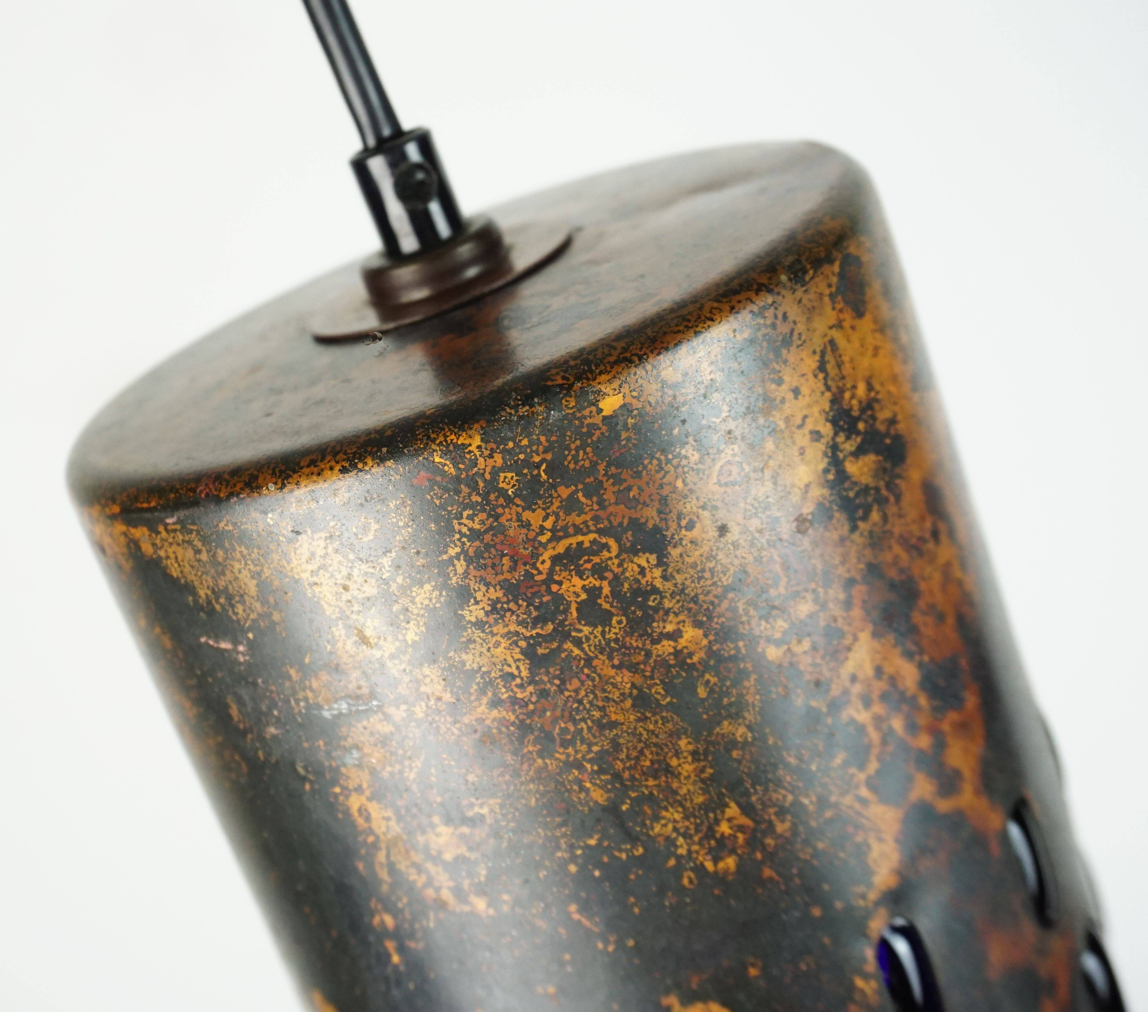 mid century modern PENDANT LAMP flamed copper and blue glass 1960s