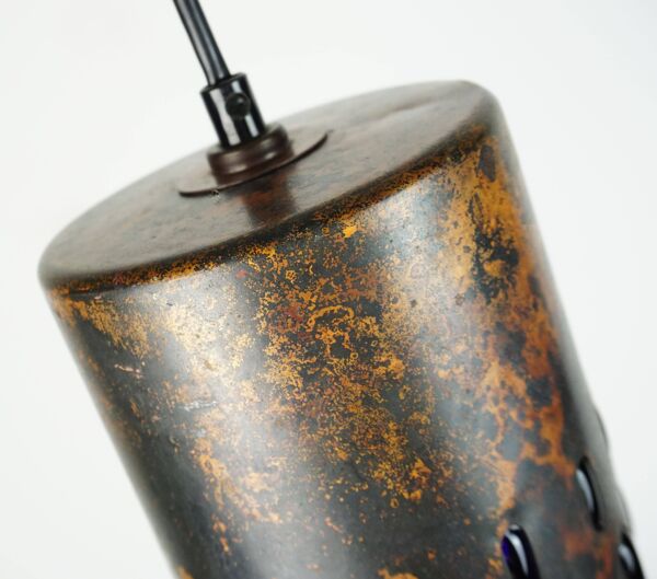 lampe suspendue moderne du milieu du siècle en cuivre flammé et verre bleu des années 1960