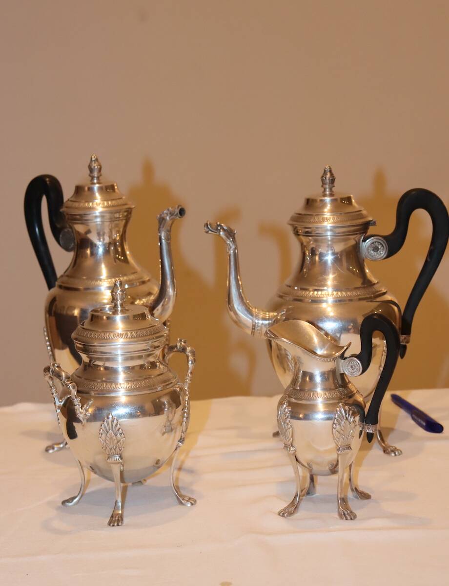 Silver-plated metal tea and coffee service in Empire style.