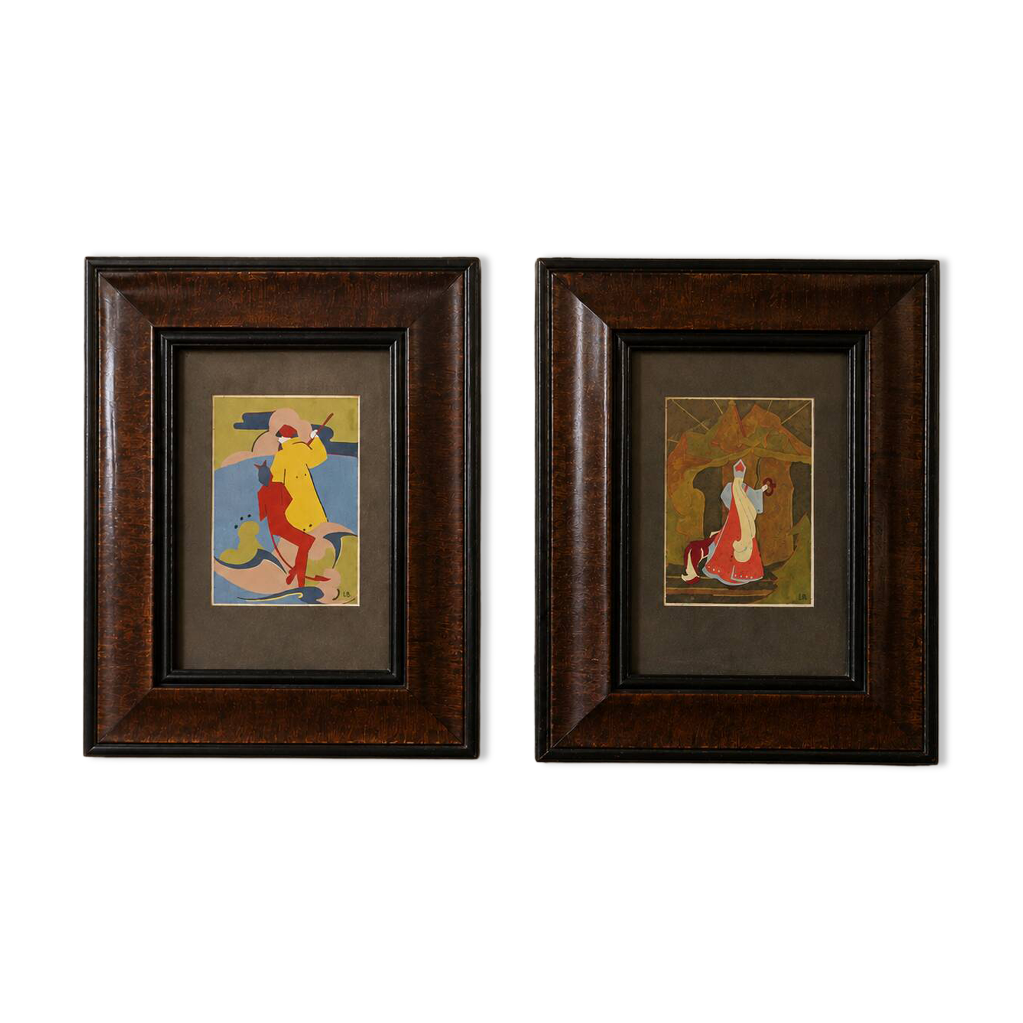 Paire de tableaux anciens – illustrations russes – Pouchkine – cadres ancie