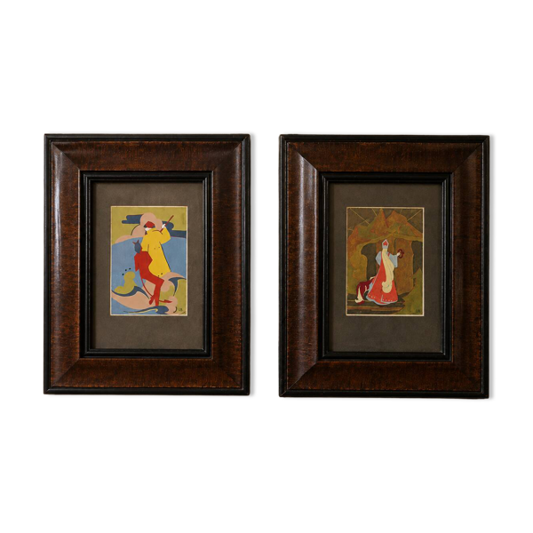 Paire de tableaux anciens – illustrations russes – Pouchkine – cadres ancie