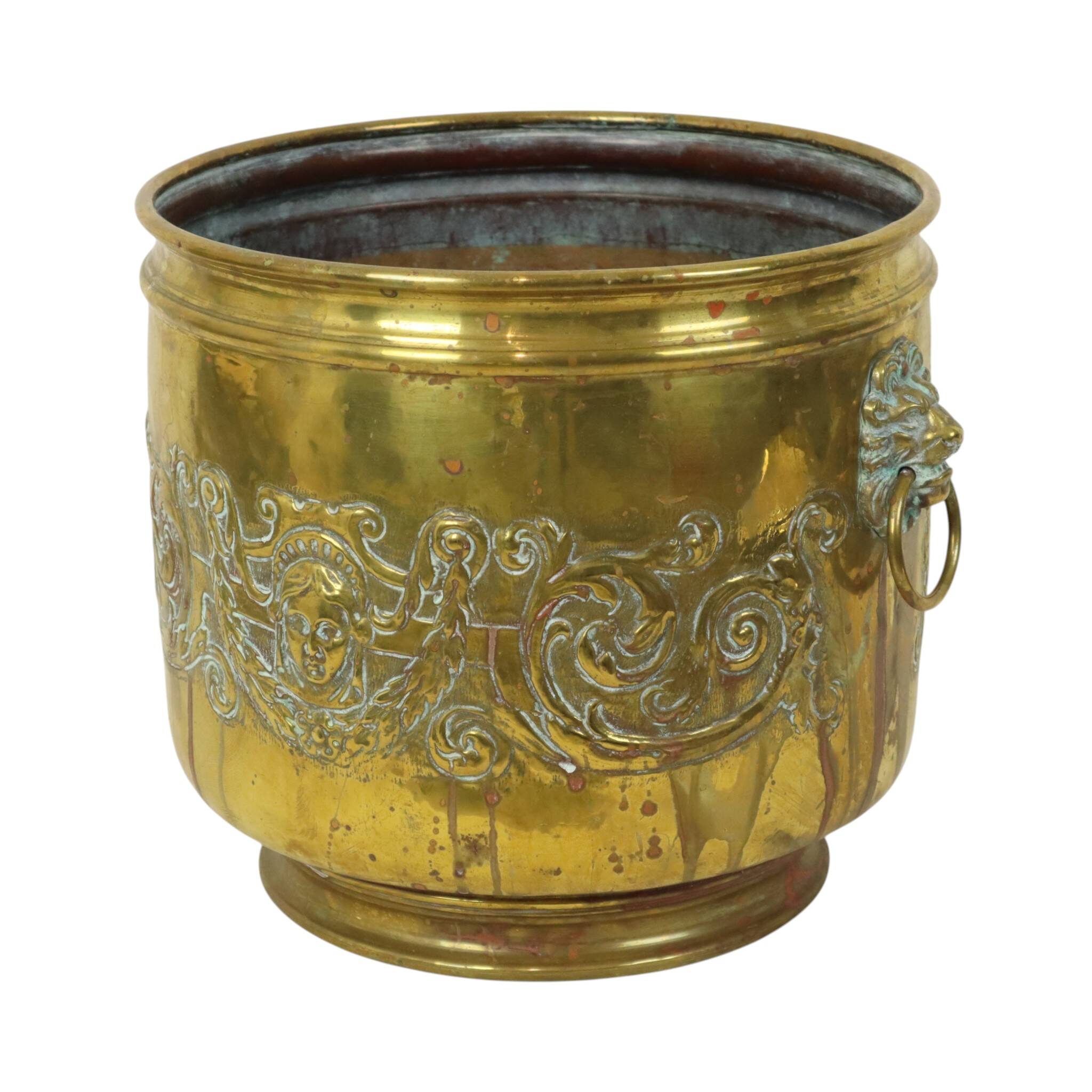 Large Brass Planter Jardinière Firewood Repoussé ca 1900