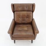 1970 Svend Skipper High Back Armchair and Stool in Brown Leather, Denmark
