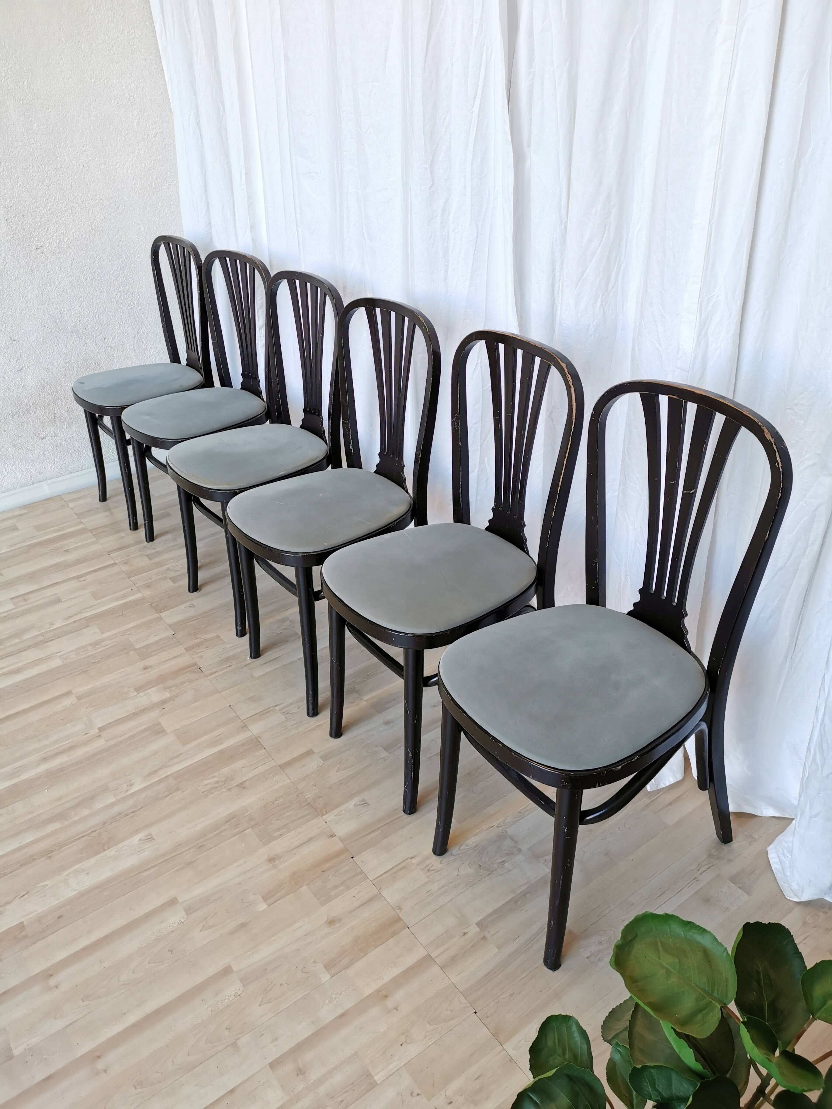 SET of 6 Vintage Black Wooden Dining Chairs by STOL Kamnik 1970s