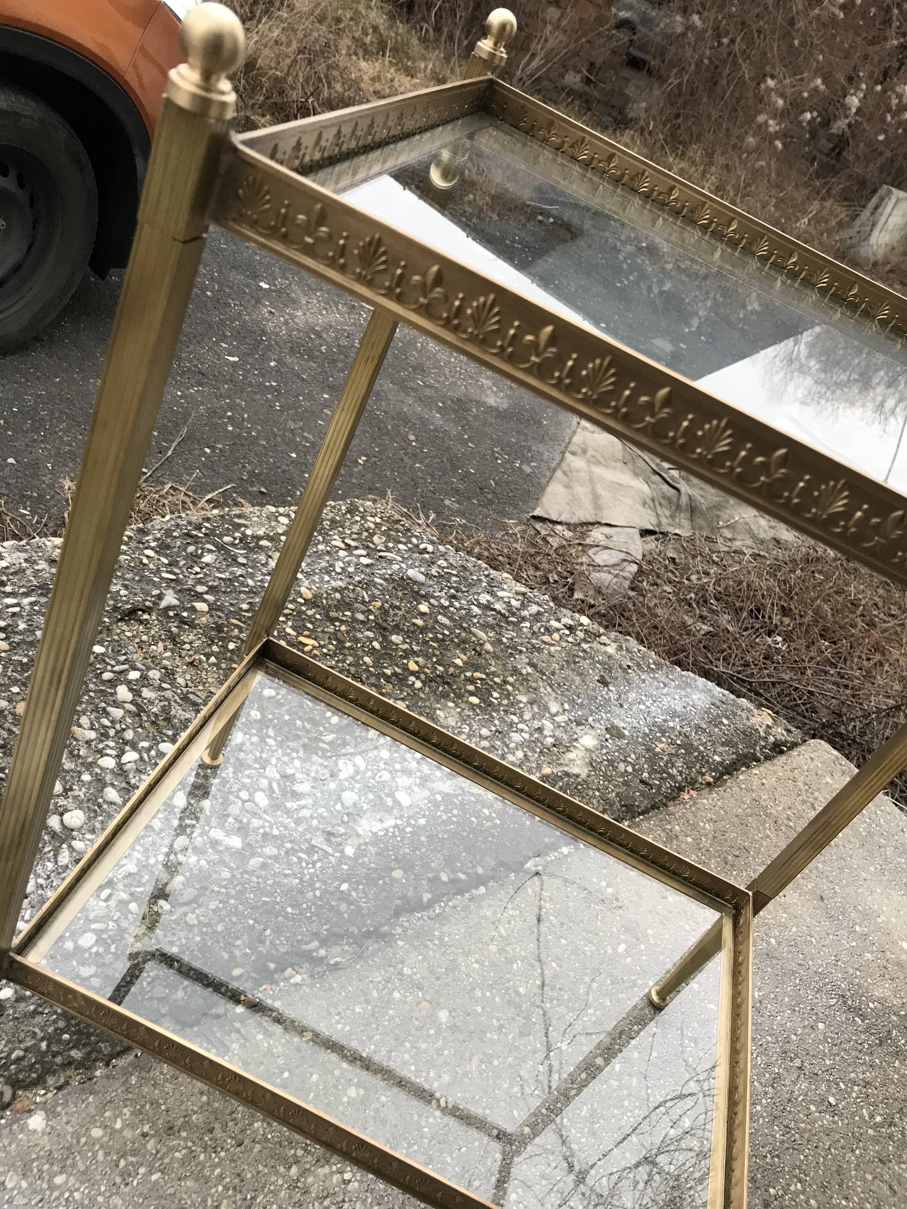 French  neoclassical brass side table with glass shelves 1950