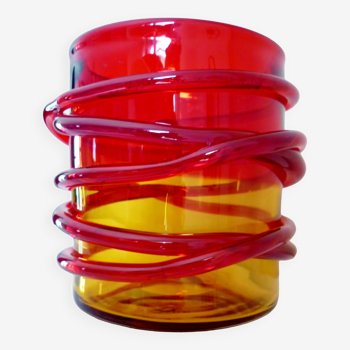 Design vase in blown glass, ruby red, orange, applied glass rope