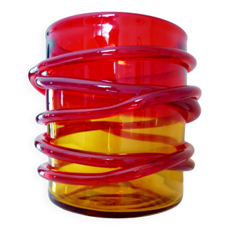 Design vase in blown glass, ruby red, orange, applied glass rope