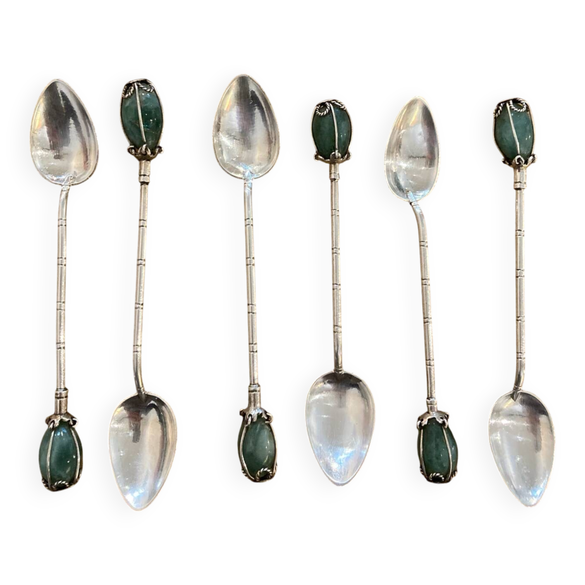 Box of 6 antique silver and jade spoons