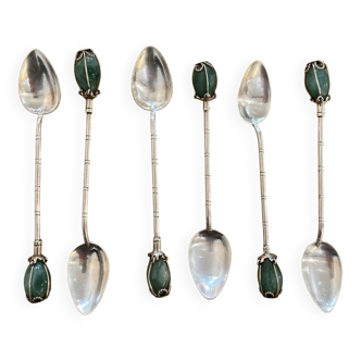 Box of 6 antique silver and jade spoons