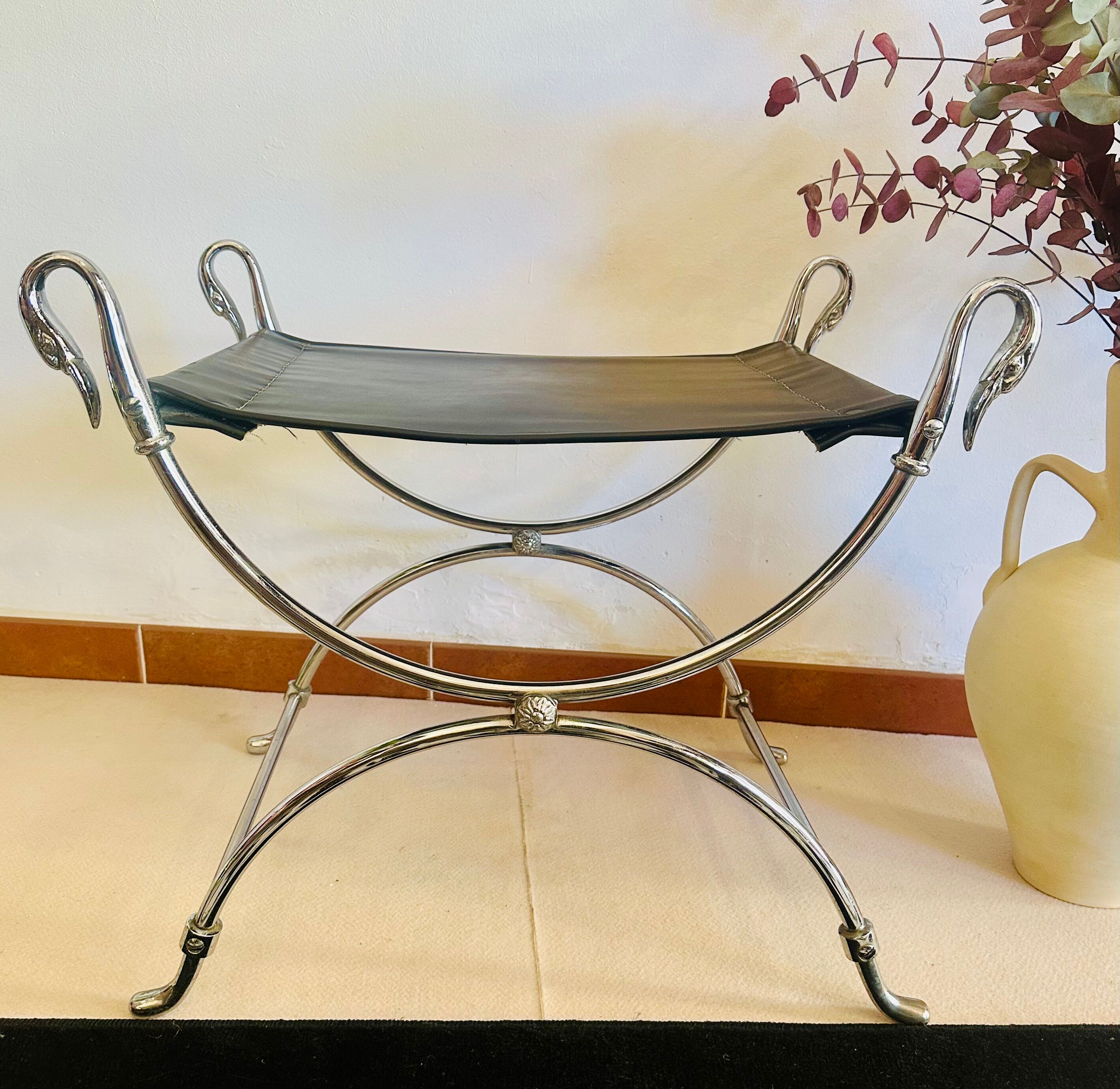 Curule Stool Maison Jansen in Chrome Steel and Black Leather
