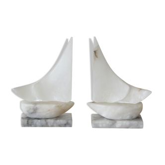 Vintage set of handcarved alabaster sailboat bookends