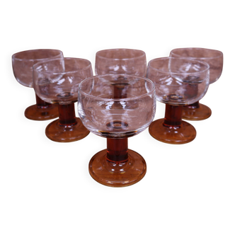 Set of 6 Amber stemmed glasses from the 70s