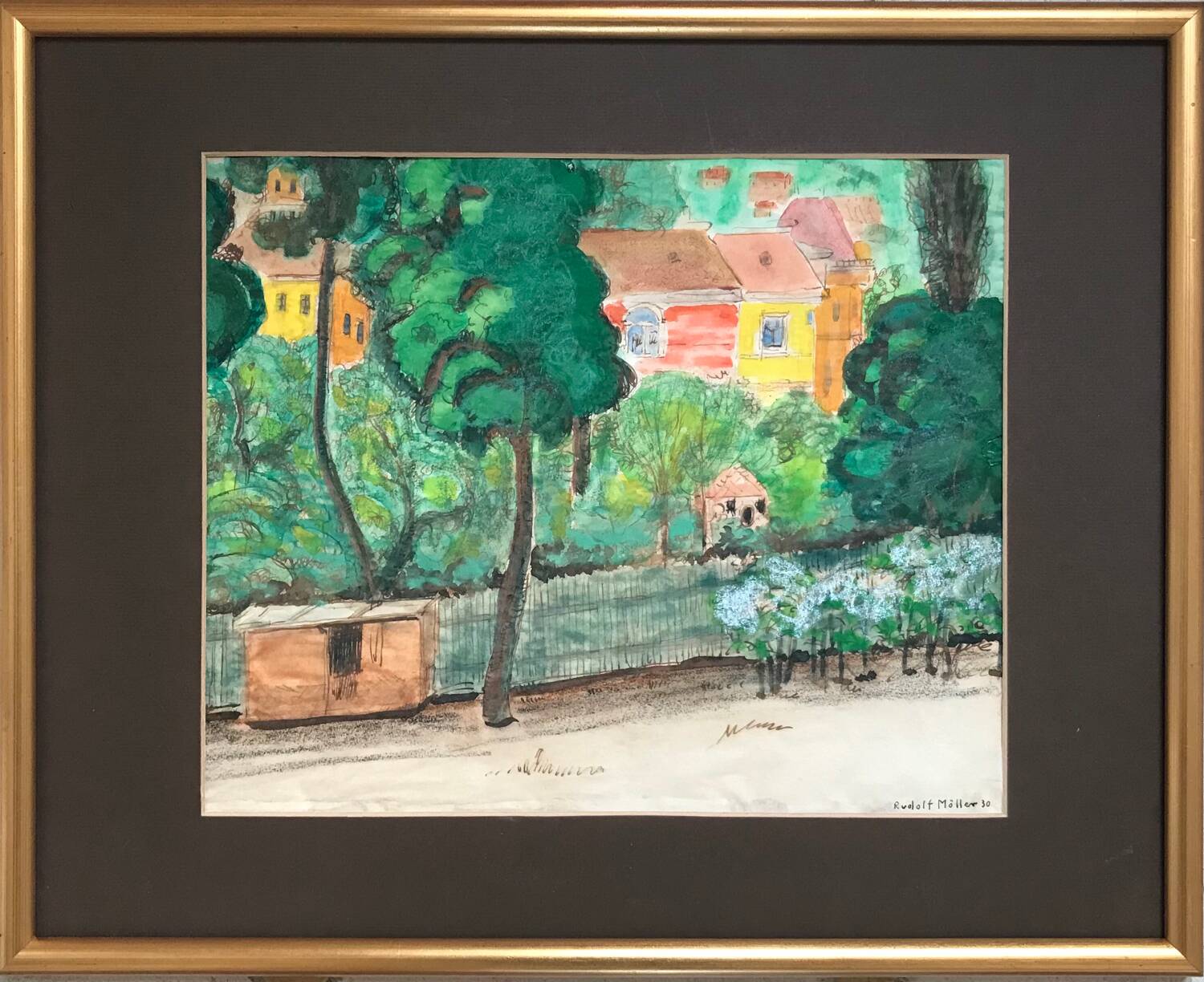 Rudolf möller 1881-1967. the houses, 1930. gouache. sbd. 30x40. frame
