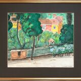 Rudolf möller 1881-1967. the houses, 1930. gouache. sbd. 30x40. frame