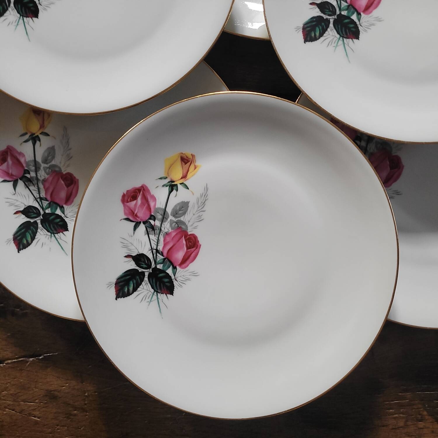 P.L. France porcelain dinner plates with roses — 1950s-60s
